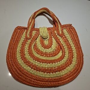 Vintage Goldco. Vibrant Orange & Yellow Circular Straw Bag with Button Closure